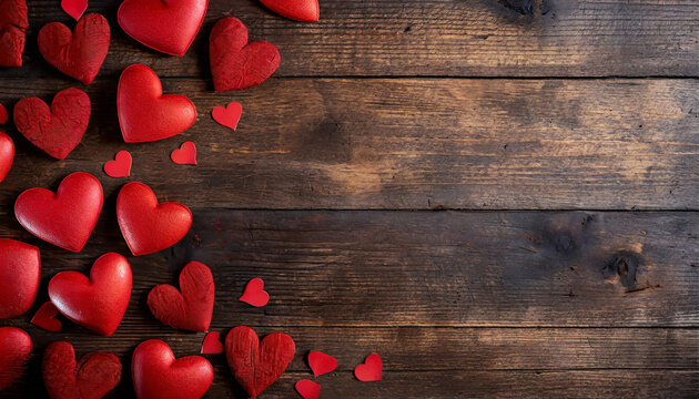 Small red hearts in front of a rustic background. Valentine's day concept