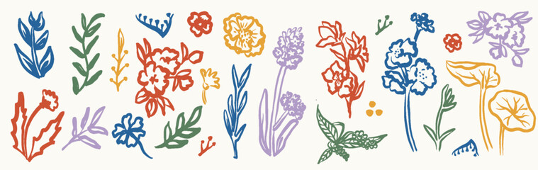 Hand-Drawn Boho Vector Flowers and Leaves: Botanical Elegance for Design Projects. Ideal for Nature, Floral, and Artistic Themes. Matisse inspired
