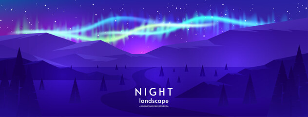 Horizontal landscape. Aurora borealis. Hills with forest and mountains. 
