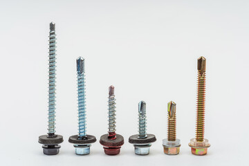 wood screws on a white background. metal screws on a light background. various screws and self-tapping screws lined up in a photo studio
