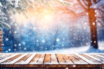 Christmas winter background. White snow on wooden table. Xmas scene on floor board. Cold blue ice. Empty space on desk top. New year sun light sky snowy day. Trees blur in bokeh. Frost on plank deck