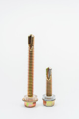 wood screws on a white background. metal screws on a light background. various screws and self-tapping screws lined up in a photo studio