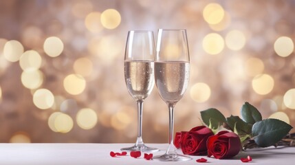 Two glasses of champagne with roses on a table, creating a romantic ambiance.