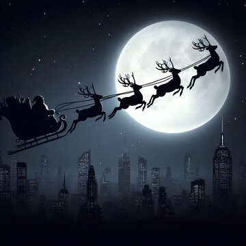 Santa Claus riding a sleigh over the skyline of a big city