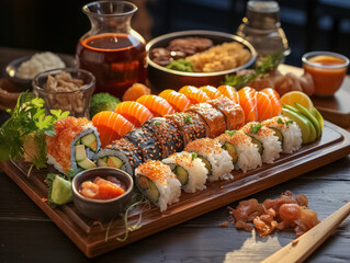 Sushi Variationen angerichtet auf einer Platte, Generative AI