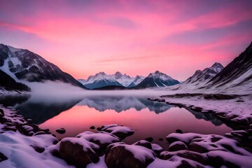 Fototapeta na wymiar A misty mountain valley at dawn, with a tranquil lake mirroring the snow-capped peaks and a delicate pink hue in the sky.