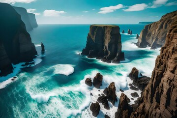Create a breathtaking coastal scene where tall cliffs meet the crashing waves of the ocean, under a...