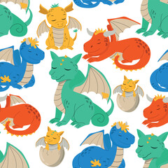 Obraz premium Dragons vector seamless pattern on a white background. Fantasy character baby vector illustration for children's clothing, textiles, wallpaper, wrapping paper