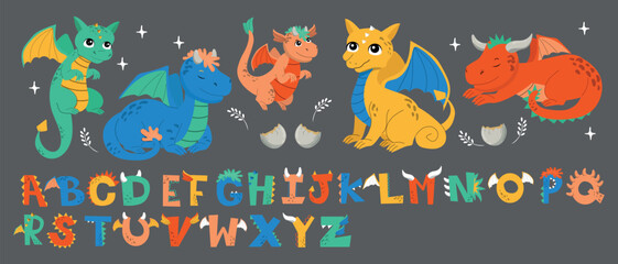 Dragon collection with alphabet horizontal illustration. Various dragons characters. Vector set for printing on baby clothes