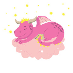 Baby pink dragon sleeping. Adorable animal illustration. Creative childish vector illustration