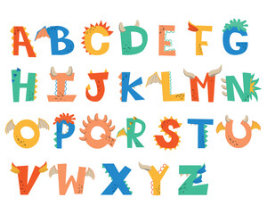 Dragon alphabet on a white background. Bright modern funny illustration for childrenin cartoon style.