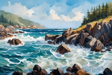 Imagine a tranquil coastal scene with waves gently crashing against a rocky shoreline, under a clear blue sky. - Powered by Adobe