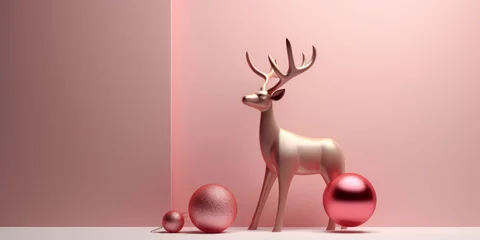 Poster Christmas reindeer decoration with golden antlers and small Christmas balls, on a pink background in modern minimalist style, Creative Christmas banner, holiday concept © saquizeta