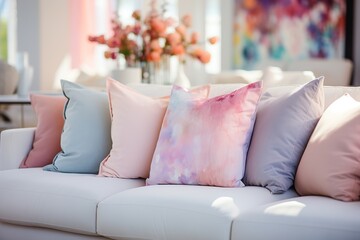 Sofa with a set of pillows in a pastel palette, close-up