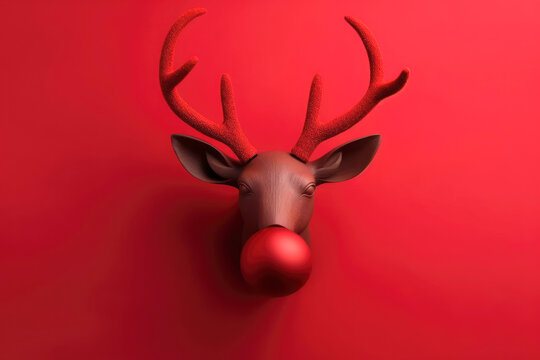 Abstract minimal christmas deer face with antlers in red background