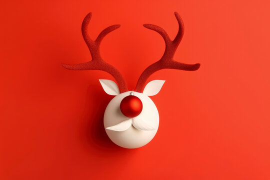 Abstract minimal christmas deer face on white and red colors with antlers in red background