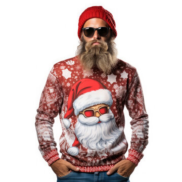 Young hipster man with a beard in a red hat wearing a Christmas sweater with the face of Santa Claus. White isolated Background
