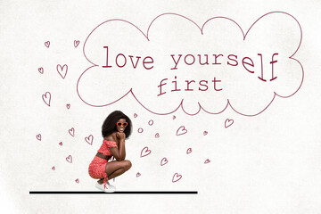 Composite collage image of mini cheerful girl love yourself first dialogue bubble painted hearts...