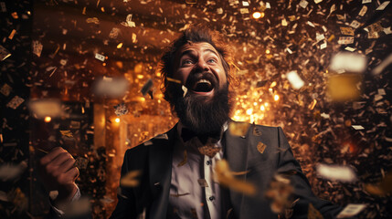 Portrait of very happy senior bearded man takes out a lucky ticket of lottery - obrazy, fototapety, plakaty