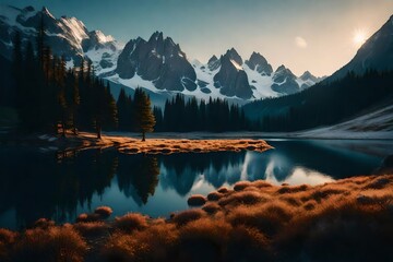Envision a tranquil, snow-covered alpine meadow, with a pristine mountain lake and the first light of dawn gently painting the scene. - obrazy, fototapety, plakaty