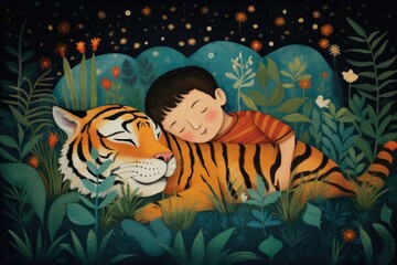 Children's Storybook Illustration of a Little Boy Sleeping with a Tiger Dreaming at Night