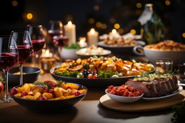 Table Set with Plates of Food and Glasses of Wine Generative AI