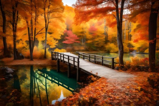Imagine a picturesque autumn scene with colorful leaves falling from trees around a tranquil, crystal-clear pond, with a wooden bridge crossing its waters.
