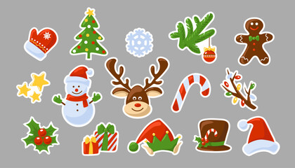 Set of Christmas holiday stickers. Objects isolated on gray background. Symbols of winter holidays. Christmas tree, moose, snowman, candy cane, holly berries, Santa's hat and others. Vector.