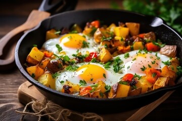 fried eggs with parsley in an iron skillet on a wooden table. Egg breakfast.