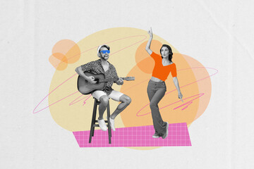 Collage picture of two black white colors people sit chair play guitar sing dancing point fingers isolated on drawing background