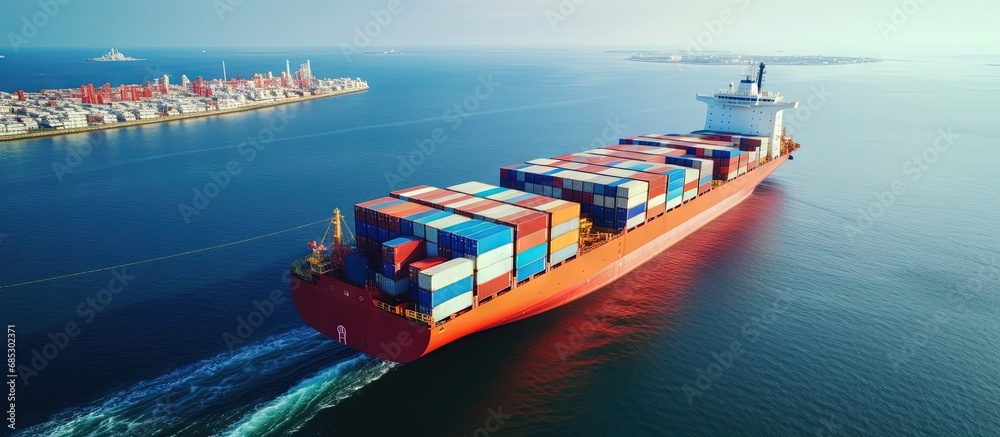 Poster ocean freight transportation with cargo container ship in factory harbor for import export providing