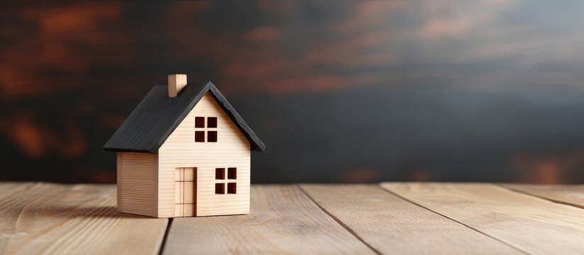 Miniature wooden house with black tag on table copy space image