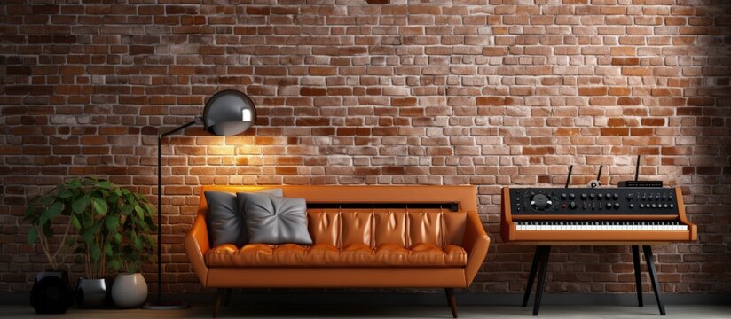 Stylish living room with a modern synthesizer sofa and brick wall copy space image