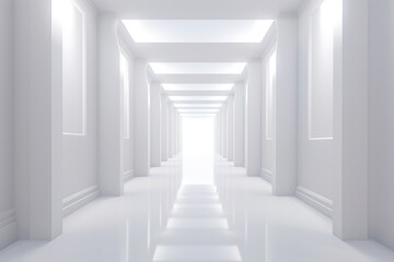 A long hallway with a white floor and a white ceiling
