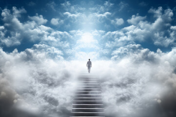 Person walking up stairway to heaven through clouds in the sky after death. Generative Ai - obrazy, fototapety, plakaty
