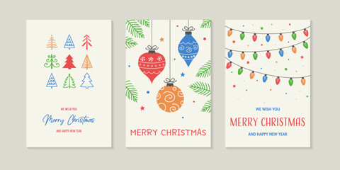 Fototapeta na wymiar Hand drawn Christmas greeting card set with decorations. Vector illustration