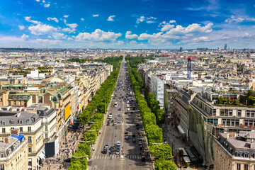 Panoramic aerial view of Paris and Avenue des Champs Elysees from Arc de Triomphe, France