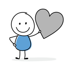 Hand drawn heart - love symbol. Funny concept with a stickman holding icon. Cartoon style design. Vector illustration