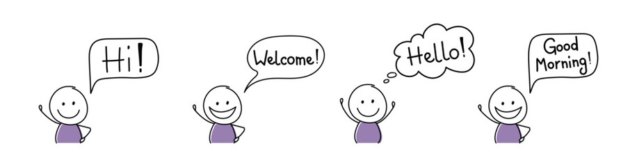 Happy stickman with greeting - welcome, hello, hi, good morning. Vector