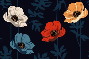 Gardinen Decorative large flowers on a black background. Seamless pattern. Beautiful stylized flowers, trendy style background. Repeating rapport, botanical wallpaper © sunny_lion