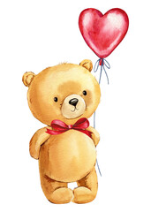 Teddy bear with heart balloon Hand painted watercolor illustration isolated white background. Valentines Day 
