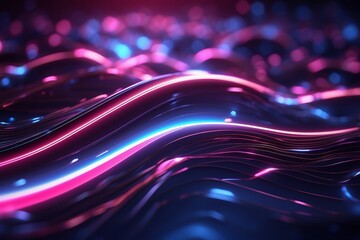 abstract background with pink blue glowing neon lines and bokeh lights. Data transfer concept. Digital wallpaper - obrazy, fototapety, plakaty