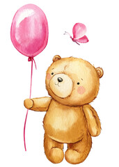 Teddy bear with pink balloon and butterfly, Hand painted watercolor illustration isolated background. Valentines Day 