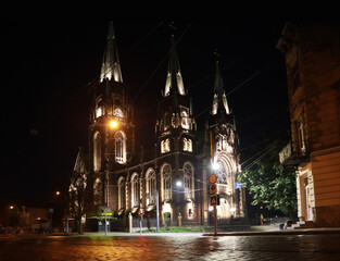 Fototapeta na wymiar Church of St. Elizabeth in night time in Lviv, Ukraine