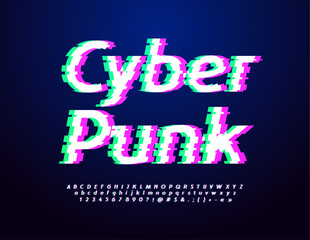 Vector Cyber Punk style Alphabet. Glitched pixels Font. Glowing techno Alphabet Letters and Numbers set