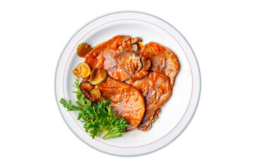 beef tongue hot sauce fresh eating meal cooking appetizer food snack on the table copy space food background rustic top view