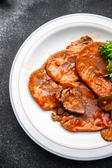 beef tongue hot sauce fresh eating meal cooking appetizer food snack on the table copy space food background rustic top view