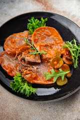 beef tongue hot sauce fresh eating meal cooking appetizer food snack on the table copy space food background rustic top view