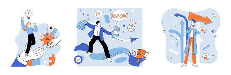 Business solution vector illustration. Solving complex problems requires strategic thinking and implementation effective solutions Motivation is driving force propels individuals and teams to succeed