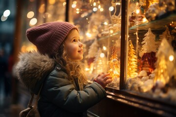Little girl looking at store window decorated for Christmas. The girl is wearing a coat and a pink knit hat. The window display is filled with Christmas trees, ornaments, and lights